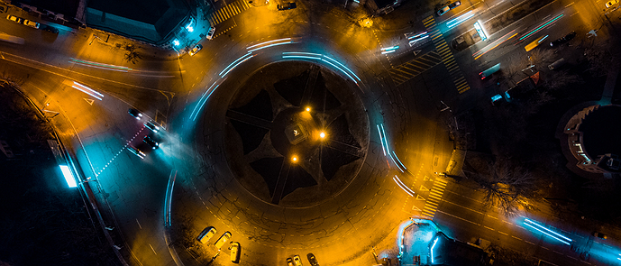 Nighttime streets seen from a drone